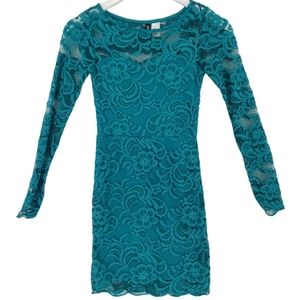 H & M Lace Dress in Teal Size 2 Sheer Sleeve and Neckline Fully Lined